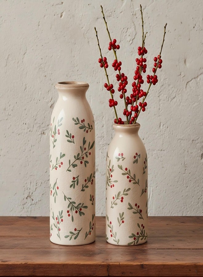 Ronasip Christmas Holly Vases, Ceramic Vase Set of 2, Hand-Painted Rustic Decor, Ice Cracked Glaze, Xmas Home Decor (Holly) - Image 1